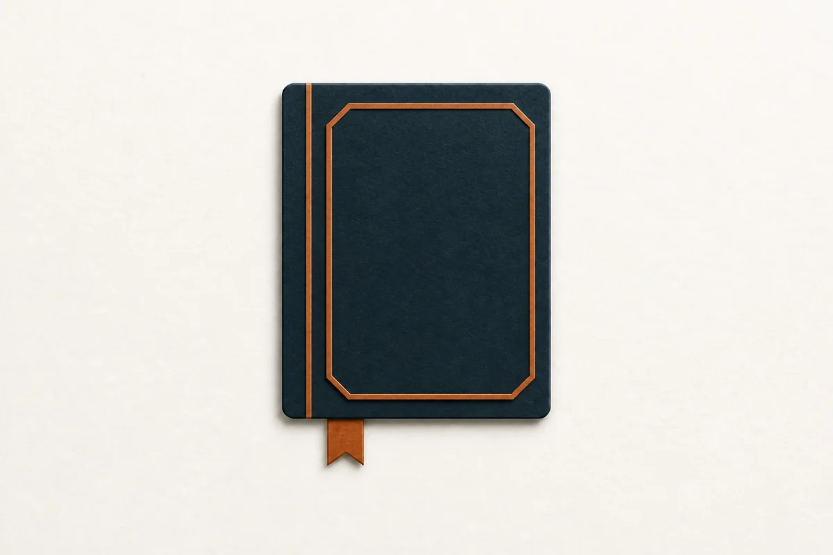 One dark ledger with a copper bookmark.
