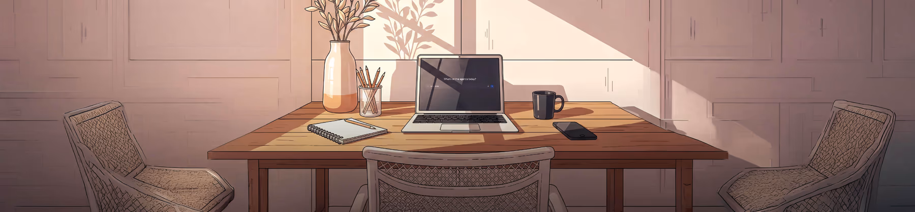 Illustrated desk with a laptop open to an AI assistant.